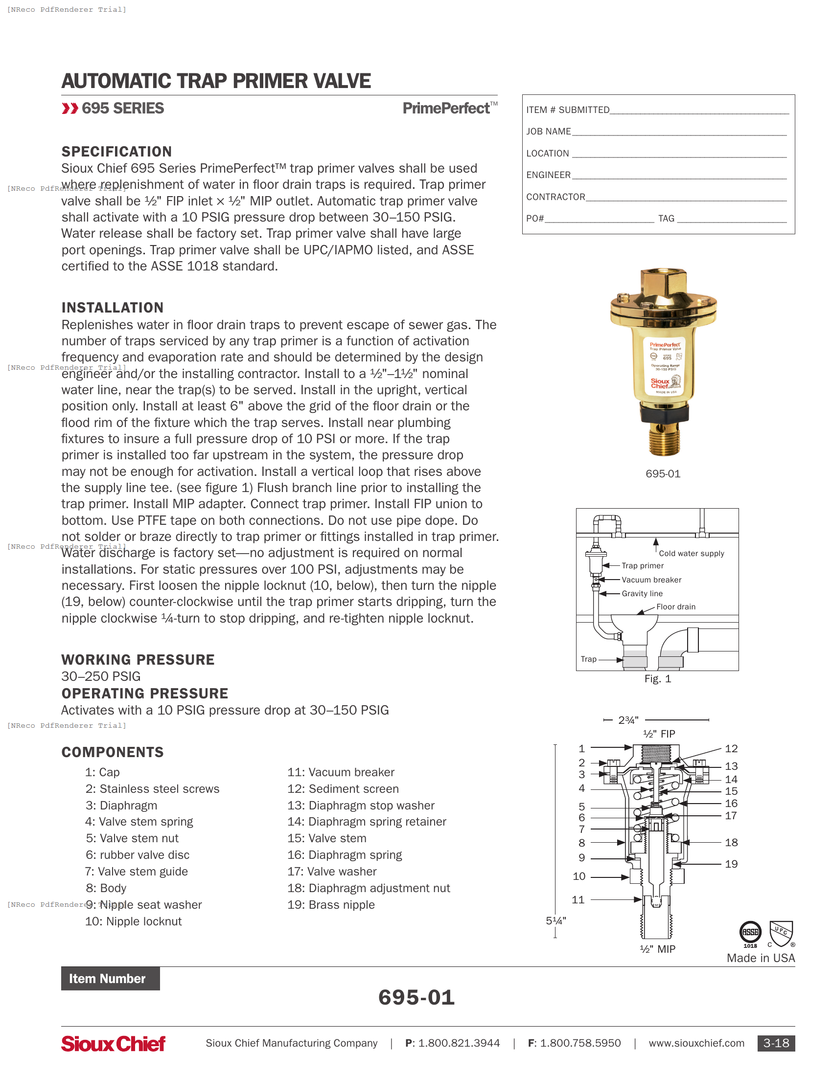 695 SERIES - PRIMEPERFECT TRAP PRIMER - SPEC SHEET.PDF Specification Document